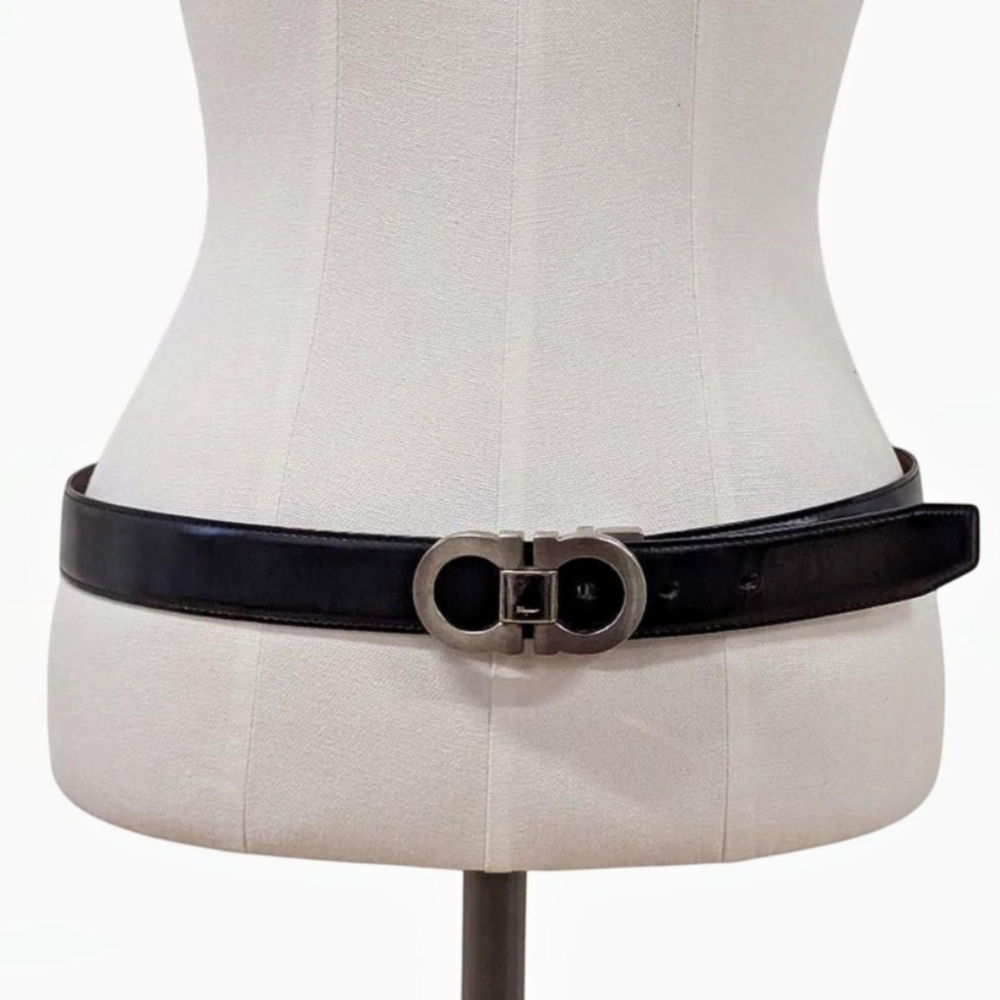 Salvatore Ferragamo reversible black & brown leather‎ belt with silver buckle